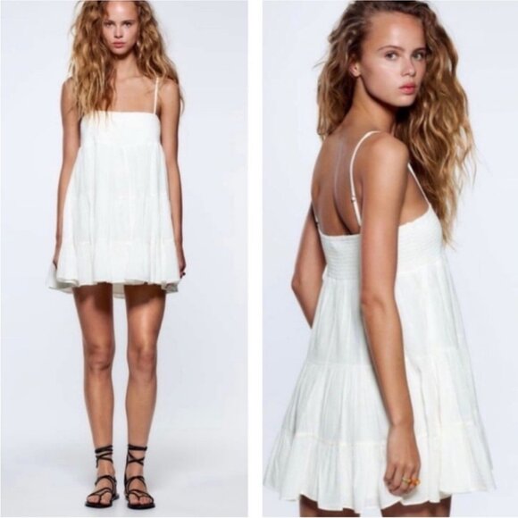 NWOT Zara White Cotton Babydoll Dress XS - Picture 1 of 11
